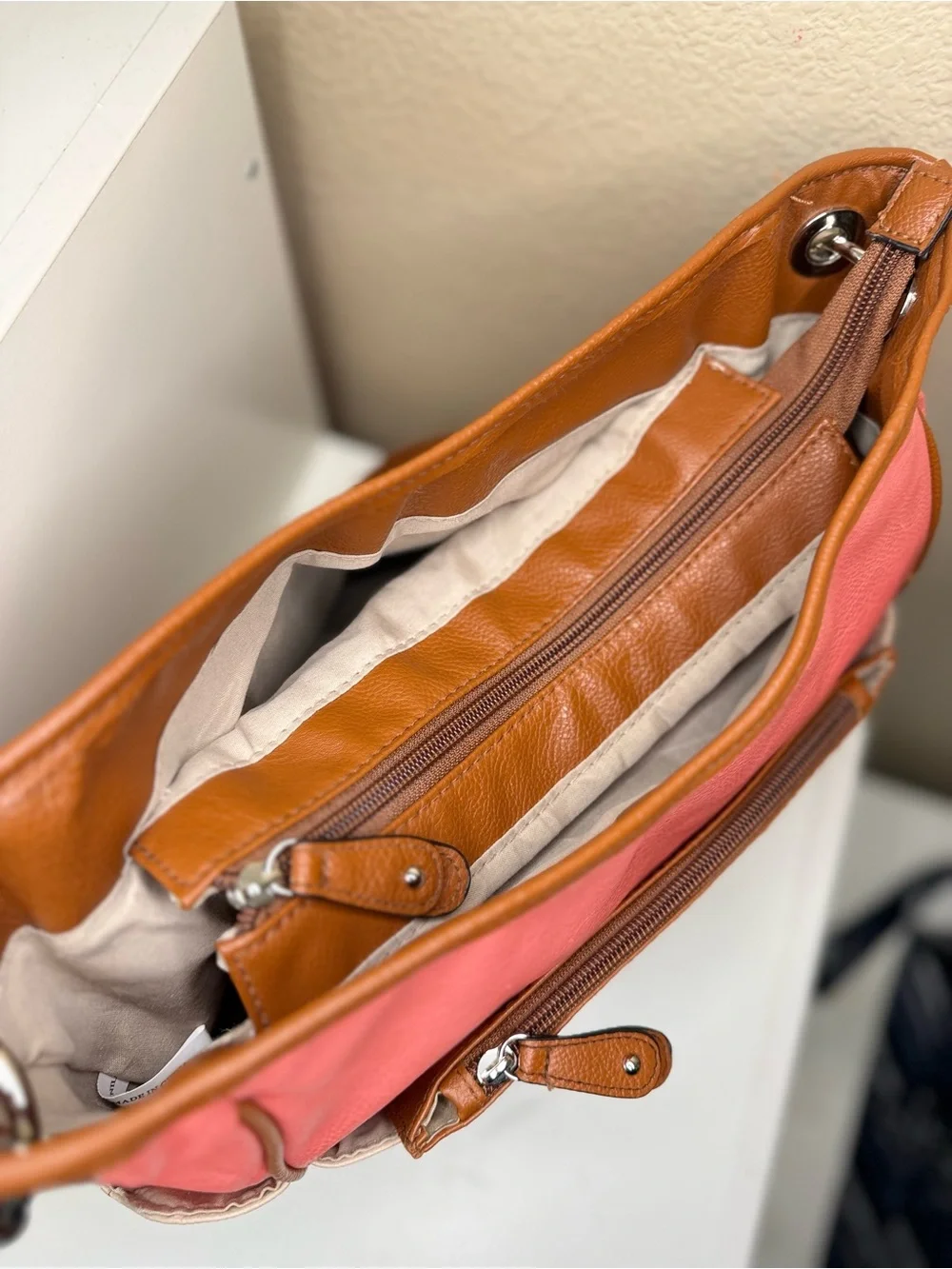 Rosetti Colorblock Hobo Shoulder Bag Pink Beige Brown Faux Leather Multi Pocket
